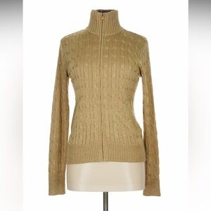 Ralph Lauren Black label. Gold Cable Knit Turtleneck Zip Cardigam Sweater L